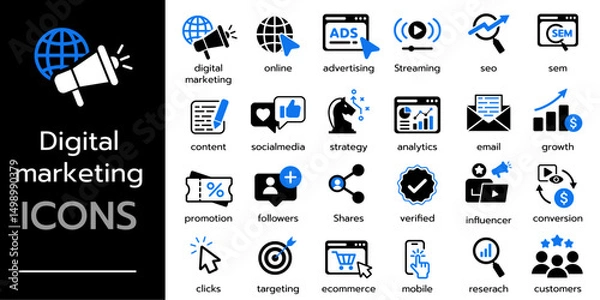 Obraz Digital marketing icon set. seo, content, ads, social media, sales and online advertising. Solid vector icons collection.
