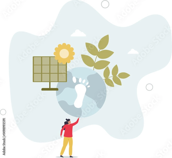 Obraz presenting way to reduce CO2 emission footprint through carbon offset, credit and forest conservation. Low carbon concept.Solar panel and alternative energy. character life .