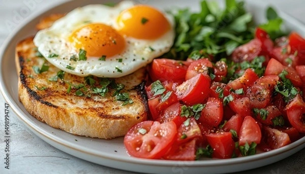 Fototapeta A balanced breakfast: fried eggs, toast, tomato salad, and leafy greens on plate. Show healthy meals for lifestyle blogs, cookbooks, or recipe websites.