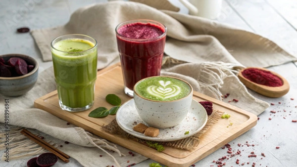 Fototapeta Green and red smoothies with matcha green tea