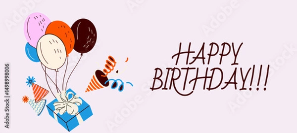 Obraz Birthday greeting card design with gift box, balloons and typography design. Abstract universal grunge artistic templates. For poster, business card, invitation, flyer, banner, email header