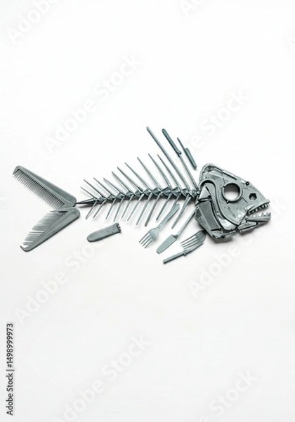 Obraz Fish skeleton made from gray plastic waste and utensils on white background. Concept image about ocean pollution and microplastic threat to marine life for environmental campaigns.
