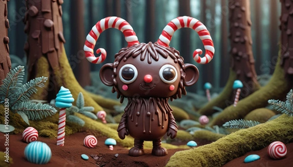Fototapeta Cute chocolate creature with candy cane horns stands in whimsical forest filled with colorful candy mushrooms and swirled sweets, creating magical and playful atmosphere