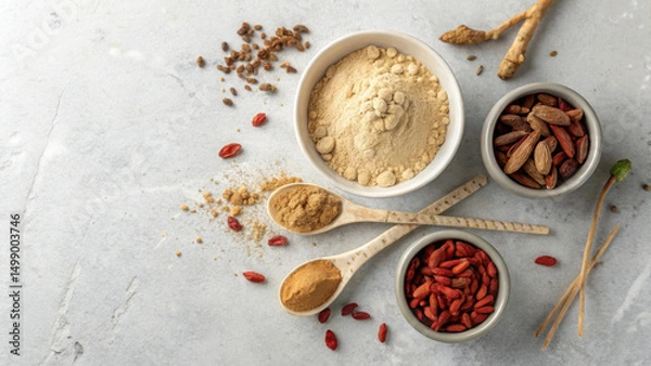 Fototapeta Adaptogenic herbs and powders are displayed bowls, showcasing their natural colors and textures