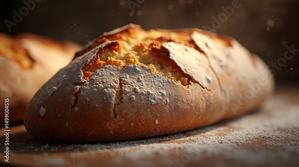 Fototapeta  Crust Craft – Close-Up of Rustic Artisan Sourdough Bread with Golden-Brown Crust and Flour Dust Suspended in the Air, Freshly Baked and Still Warm from the Oven
