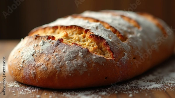 Fototapeta  Crust Craft – Close-Up of Rustic Artisan Sourdough Bread with Golden-Brown Crust and Flour Dust Suspended in the Air, Freshly Baked and Still Warm from the Oven
