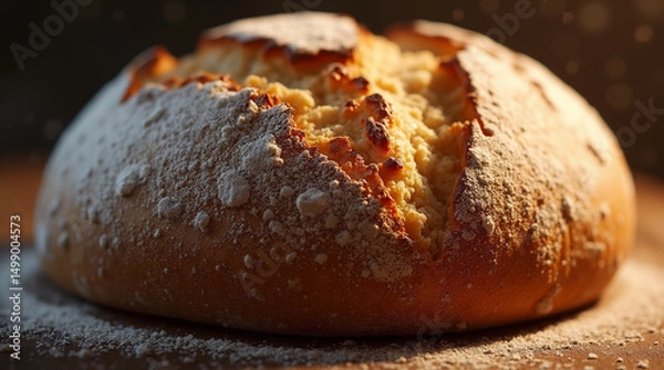 Fototapeta  Crust Craft – Close-Up of Rustic Artisan Sourdough Bread with Golden-Brown Crust and Flour Dust Suspended in the Air, Freshly Baked and Still Warm from the Oven