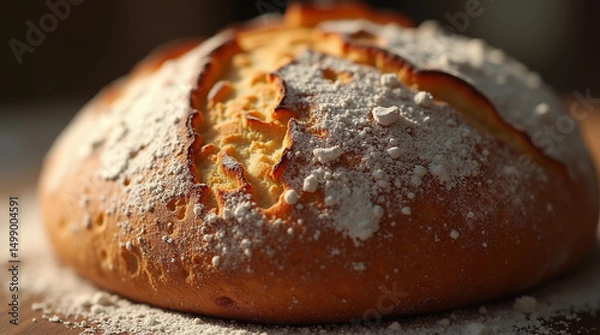 Fototapeta  Crust Craft – Close-Up of Rustic Artisan Sourdough Bread with Golden-Brown Crust and Flour Dust Suspended in the Air, Freshly Baked and Still Warm from the Oven