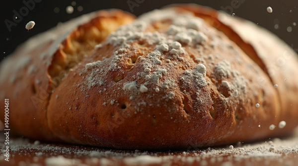 Fototapeta  Crust Craft – Close-Up of Rustic Artisan Sourdough Bread with Golden-Brown Crust and Flour Dust Suspended in the Air, Freshly Baked and Still Warm from the Oven