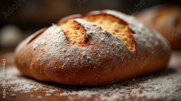 Fototapeta  Crust Craft – Close-Up of Rustic Artisan Sourdough Bread with Golden-Brown Crust and Flour Dust Suspended in the Air, Freshly Baked and Still Warm from the Oven