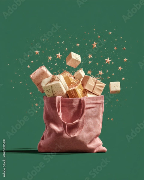 Fototapeta Dusty rose reusable grocery bag overflowing with organic goods, offering a practical yet stylish take on sustainable shopping