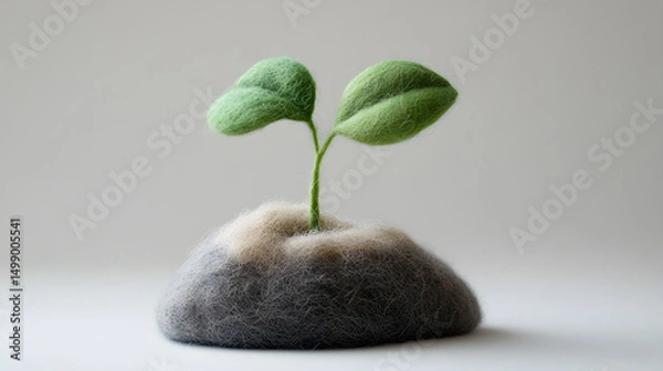 Fototapeta needle felted sprout growing from a soft wooly hill, handmade felt craft, small green sprout with mixed light green and fresh green leaves, soft brown and gray mound underneath, white background,