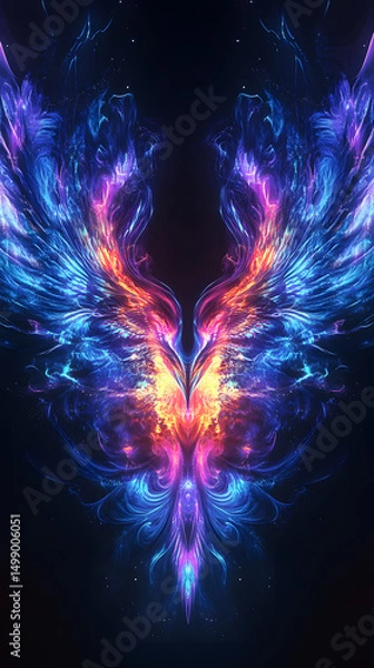 Fototapeta neon fire phoenix on black background, glowing energy wings, perfect for AMOLED display, ultra contrast