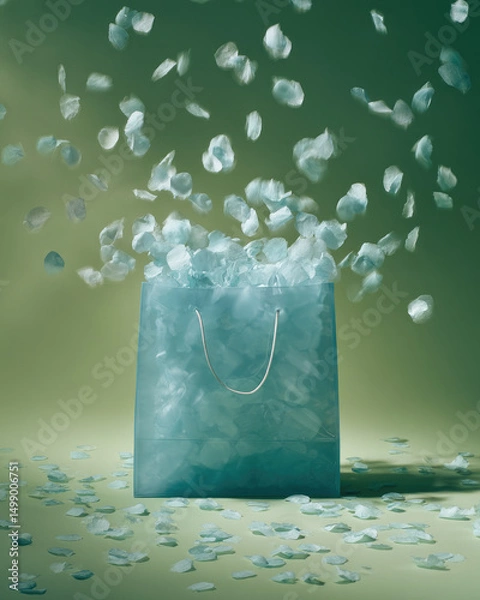 Fototapeta Ice blue plastic bag placed at the center with soft gradient background, emphasizing its cool, minimalist appeal
