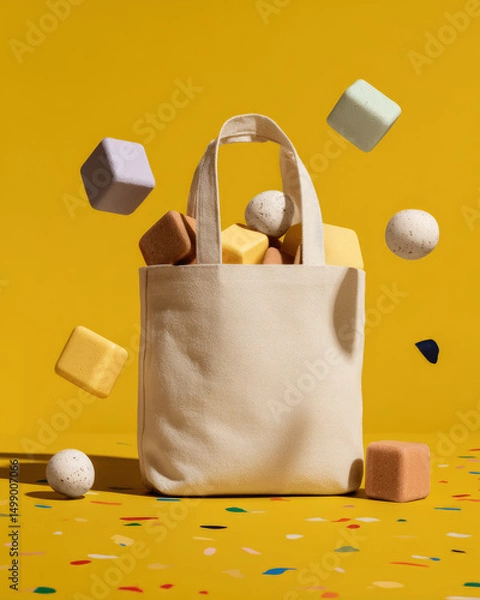 Fototapeta Light tan fabric grocery tote styled with minimalist details, offering a versatile and eco-conscious accessory for daily use