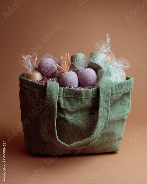 Fototapeta Lush green tote bag filled with a mystery product, adding an element of intrigue and style to sustainable fashion