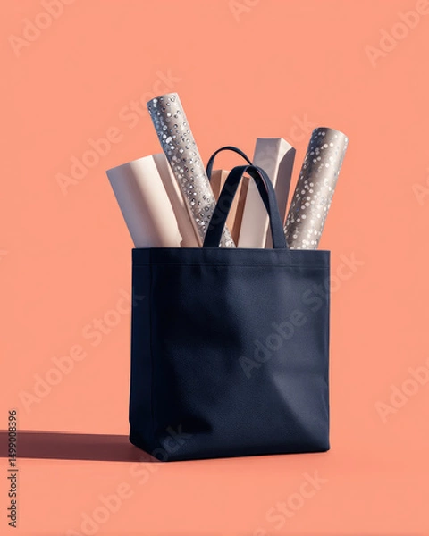 Fototapeta Matte navy reusable tote filled with minimal white accents, providing a chic, understated option for modern shoppers