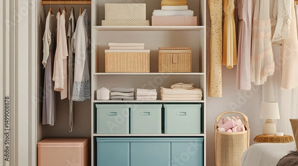 Fototapeta open closet with storage bins, color-coded organization, pastel aesthetic