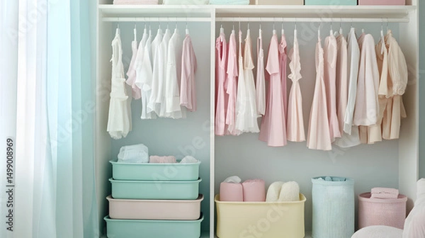 Fototapeta open closet with storage bins, color-coded organization, pastel aesthetic