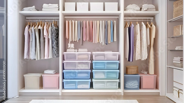 Fototapeta open closet with storage bins, color-coded organization, pastel aesthetic