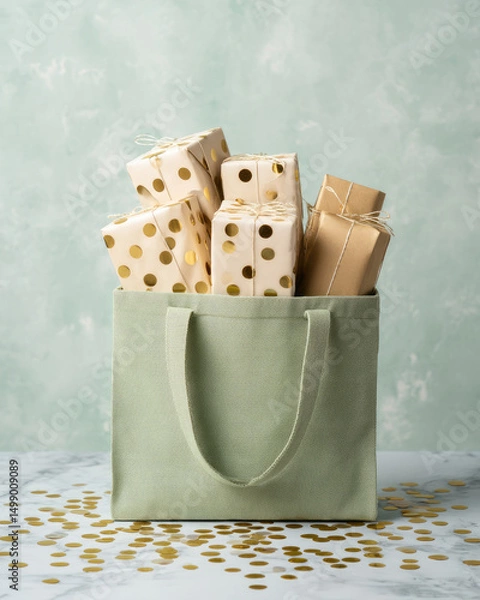 Fototapeta Olive-toned shopping tote brimming with pale cream-colored goods, combining earthy tones and style for a practical yet chic design