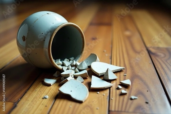Obraz Shattered ceramic vase on wooden floor, pieces scattered Close-up view , home, dropped