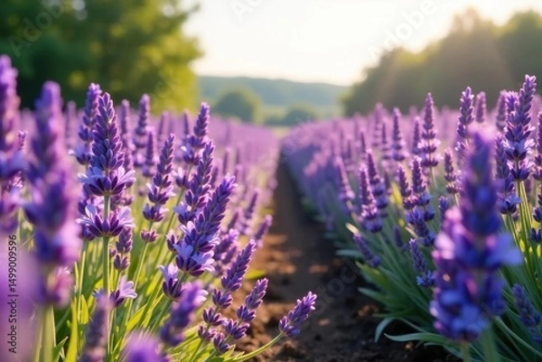 Obraz Rows of vibrant purple lavender flowers sway gently in a sun-drenched field , Toscany, purple