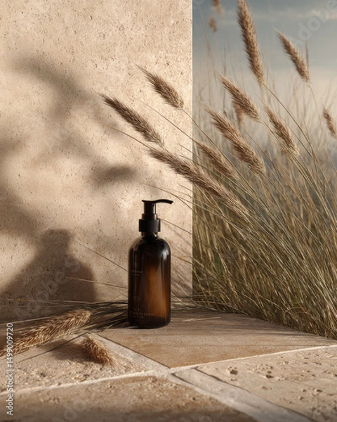 Fototapeta Outdoor editorial featuring a sleek serum pump in a natural setting, highlighting beauty and freshness in a minimalist style