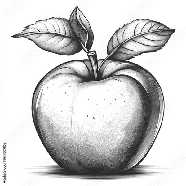 Fototapeta Detailed grayscale drawing of an apple with leaves