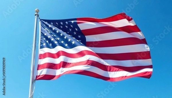 Obraz Close-up of a crisp, waving American flag against a clear blue sky , independence, celebration