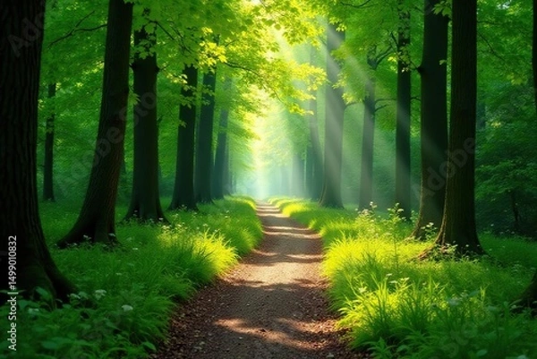 Obraz Sun dappled path winding through lush green forest, sunlight streaming through leaves , tranquility, adventure, trees