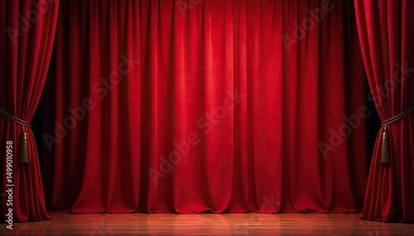 Obraz Red velvet stage curtain, closed, theater, ready for performance , texture, musical, classic