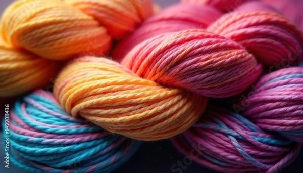 Obraz Close-up of vibrant, multicolored yarn strands , multi-colored, yarn ball