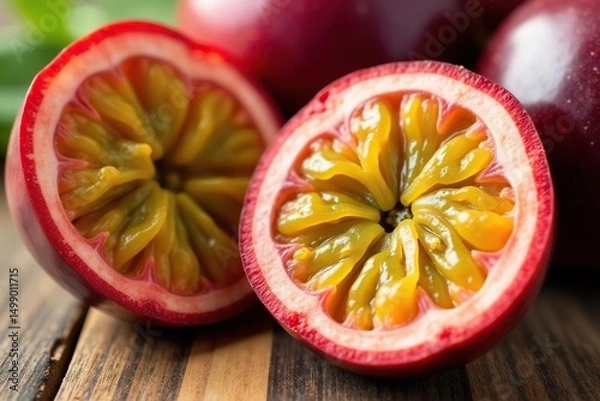 Obraz Close-up of vibrant passion fruit, showing its textured rind and juicy interior , smoothie, dessert, exotic fruit