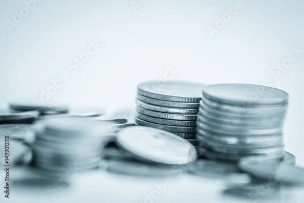 Fototapeta Stack of coins stock financial indices on currency exchange. Financial stock market in accounting market economy analysis. Digital stock exchange trade cost background. Economy financial cost concept;