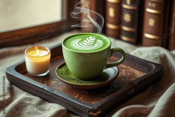 Obraz Warm Matcha Latte with Leaf Design and Candles in Cozy Setting