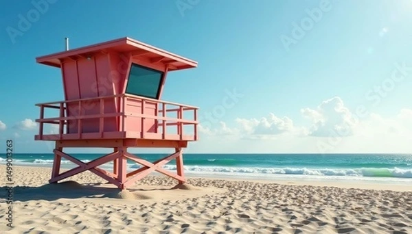 Obraz Elevated lifeguard tower overlooking a sandy beach and ocean , lookout, guard
