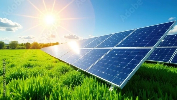 Obraz A lush green field of solar panels generating clean energy under a bright sun , field, sustainable development