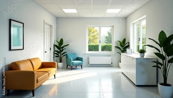 Obraz Clean, modern doctor's office waiting area with comfortable seating and natural light , wellbeing, clinic waiting room, hospital