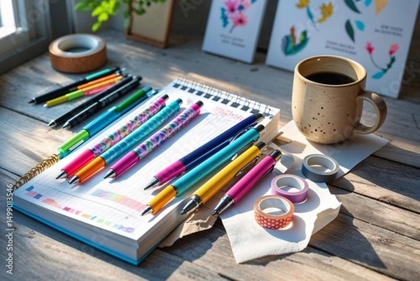 Obraz Colorful Desk Setup with Pens, Notebooks, Coffee, and Decor Items