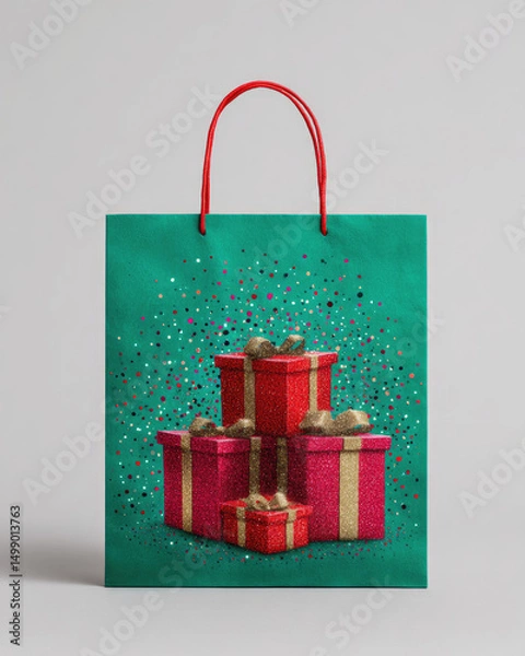 Fototapeta Rich emerald reusable bag with shiny red and black details, combining luxe color contrasts and eco-friendly style