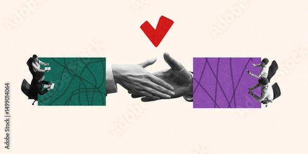 Fototapeta Conceptual collage. Teams on both sides of table making giant handshake as symbol of partnership. Concept of business, teamwork, approval, cooperation, strategy, mutual understanding Photocopy effect.