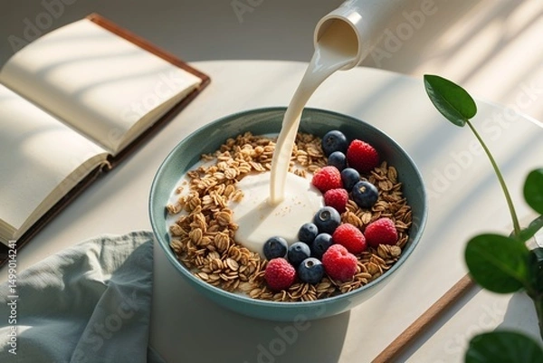 Obraz Fresh Breakfast Bowl with Oats, Berries, and Milk Pouring
