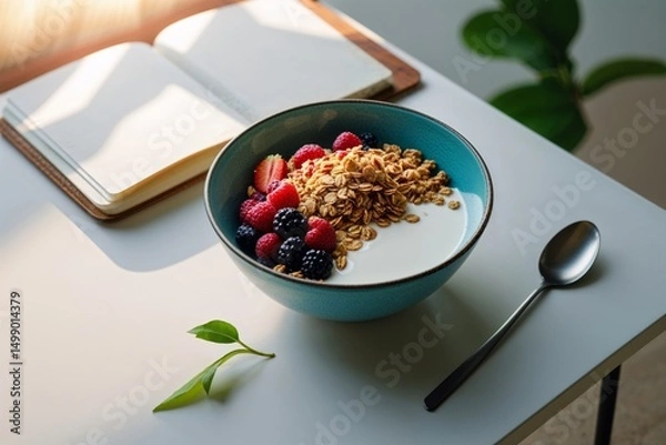 Obraz Healthy Breakfast Bowl with Berries, Granola, and Yogurt on Table