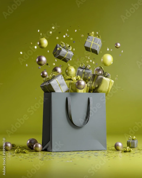 Fototapeta Slate grey shopping bag on a muted lime green background, offering a stylish contrast with a chic and understated vibe
