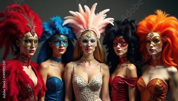 Obraz Group of diverse elegant costumes, feathers, sparkles, masks, celebration , festive, party