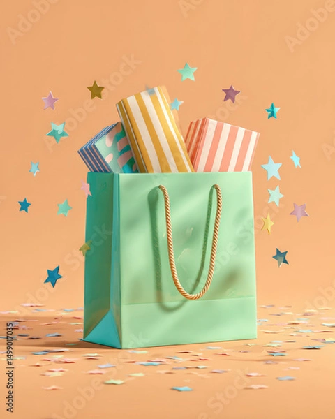 Fototapeta Vibrant mint green reusable tote with striped accents, blending bold color and sustainable style in a chic, modern accessory