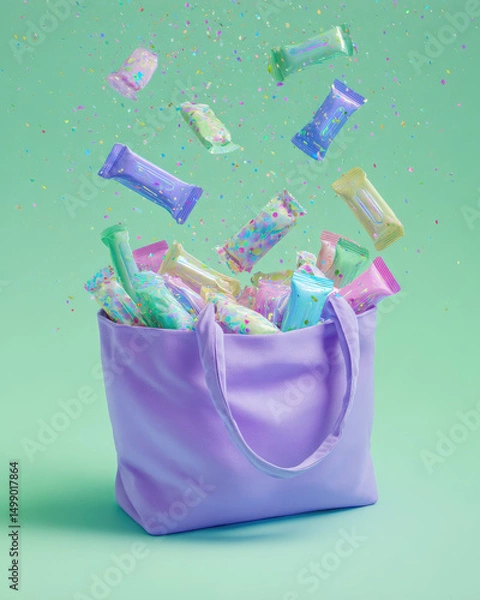 Fototapeta Violet-toned shopping bag bursts with pastel-wrapped items, offering a playful and elegant combination of colors and design