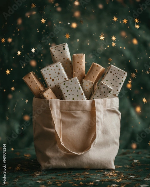 Fototapeta Warm beige reusable grocery bag filled with white items, offering a soft and serene look while remaining eco-conscious and stylish