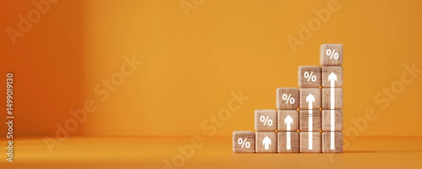 Fototapeta Interest rate and dividend concept, wooden block with percentage symbol and up arrow, return on stocks and mutual funds, long term investment for retirement.